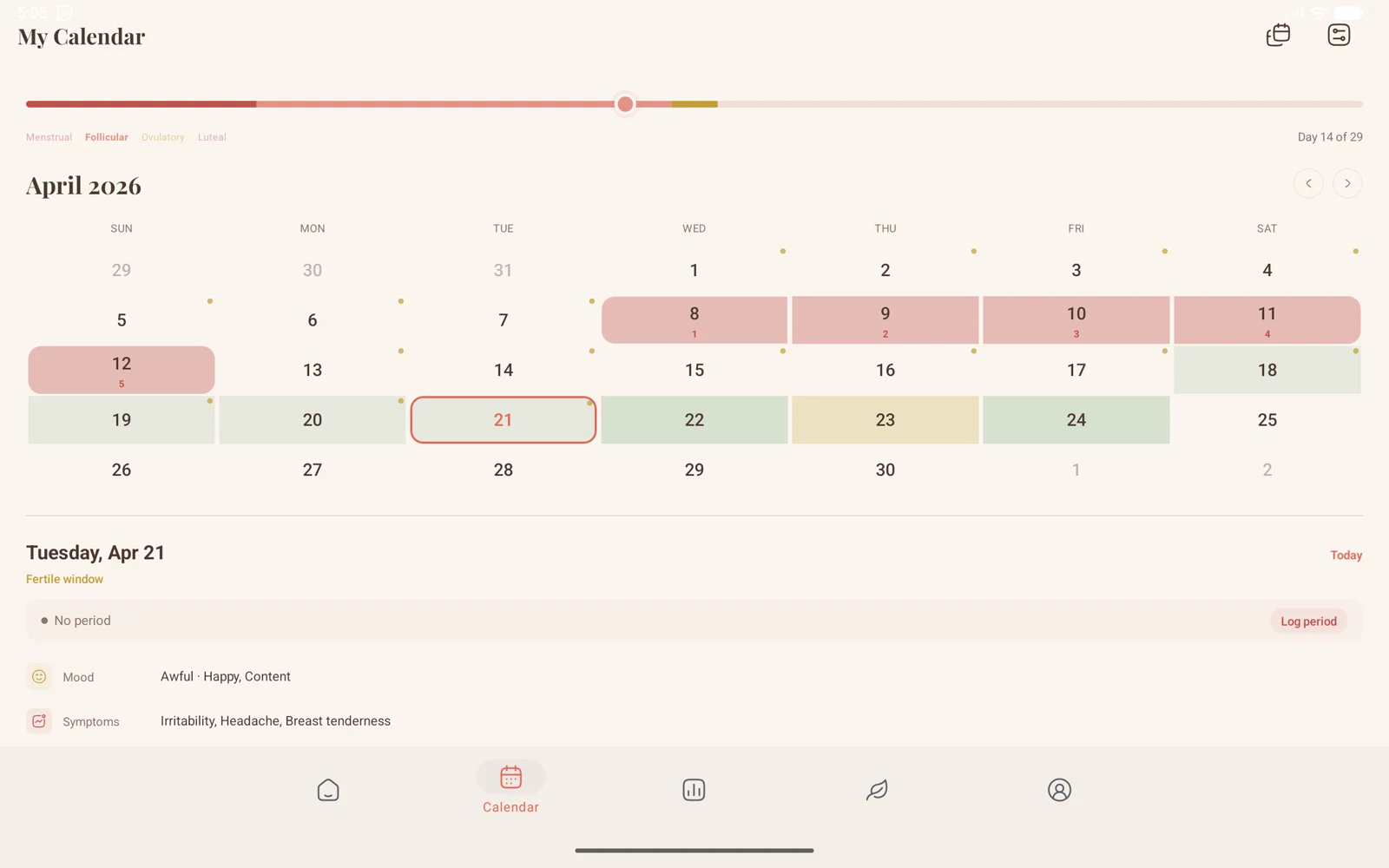 Vela’s calendar: the cycle by day, with today’s mood and symptoms