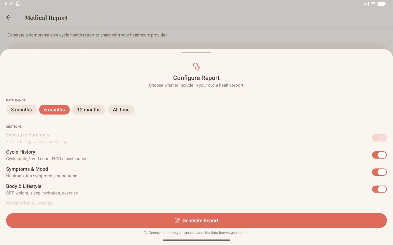Vela’s medical report, generated on the device for a healthcare provider